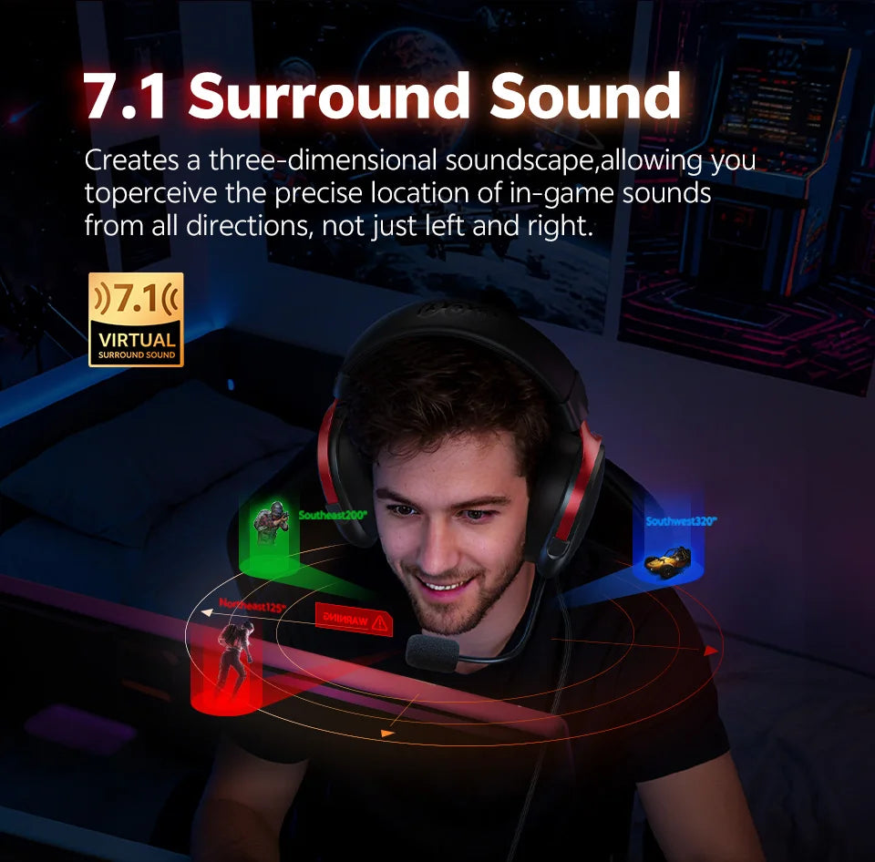QCY VN200 Pro Wired Gaming Headset With Mic 40mm Driver 7.1 Surround Over Ear Headphones For PC PS4 PS5 Gamer Headphones