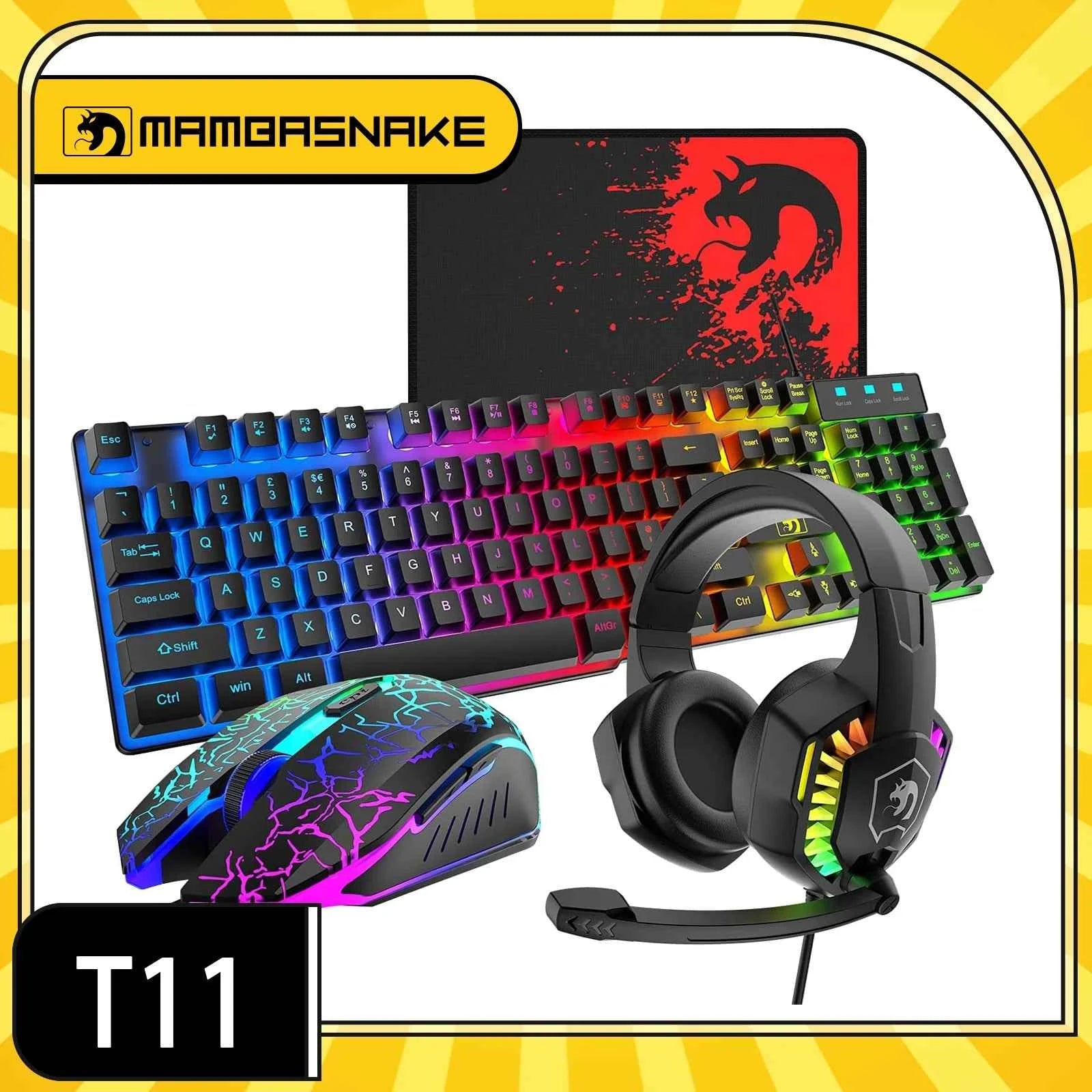 MANBASNAKE T11 Wired Gaming Keyboard and Mouse Headset Combo,Rainbow LED Backlit Wired Keyboard