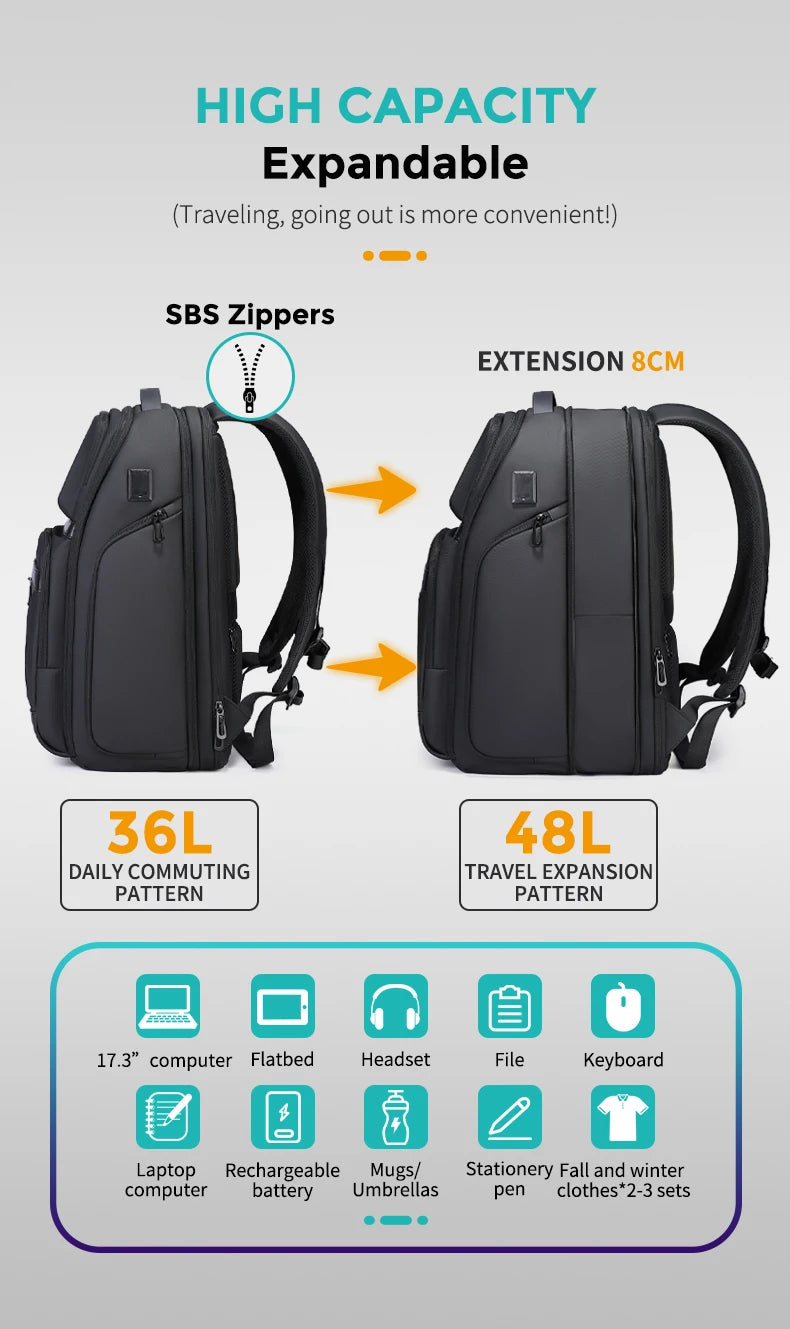 Fenruien Men 36L Business Backpack USB Waterproof  Multi Pocket Backpacks Fit 17.3 Inch Laptop