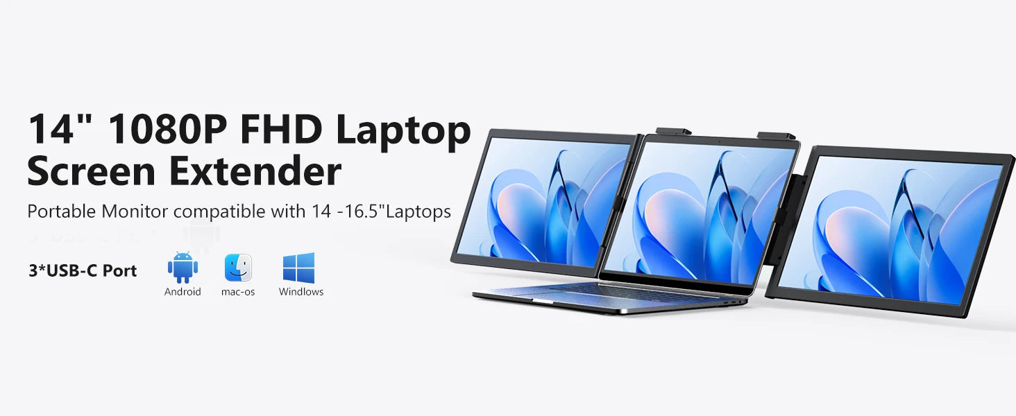 Amoudo14 Inch Dual Portable Monitor 1920*1080P IPS Portable Triple Monitor with USB-C Port for 14-16.5