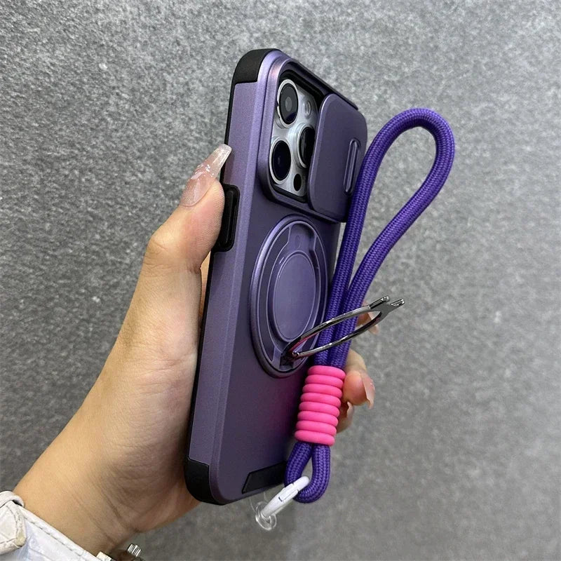 Armor Magnetic Bracket Case for iPhone 16e 16 14 13 12 11 15 Pro Max Plus With Lanyard Slide Camera Protection Shockproof Cover