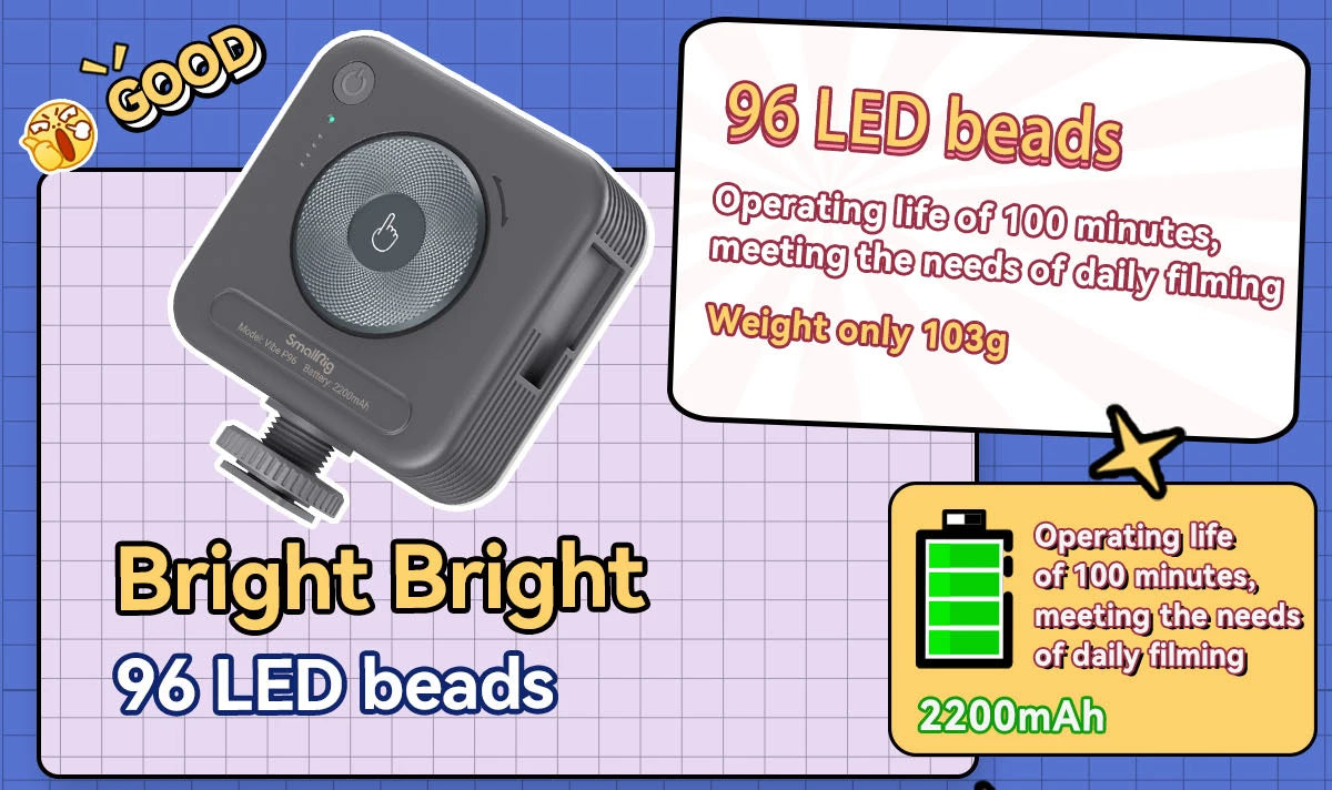 SmallRig P96 LED Video Light  Mini LED Camera Lights 2200mAh 6500k Zoom Photo Video Lighting for Youtube Tiktok Vlog Fill Light