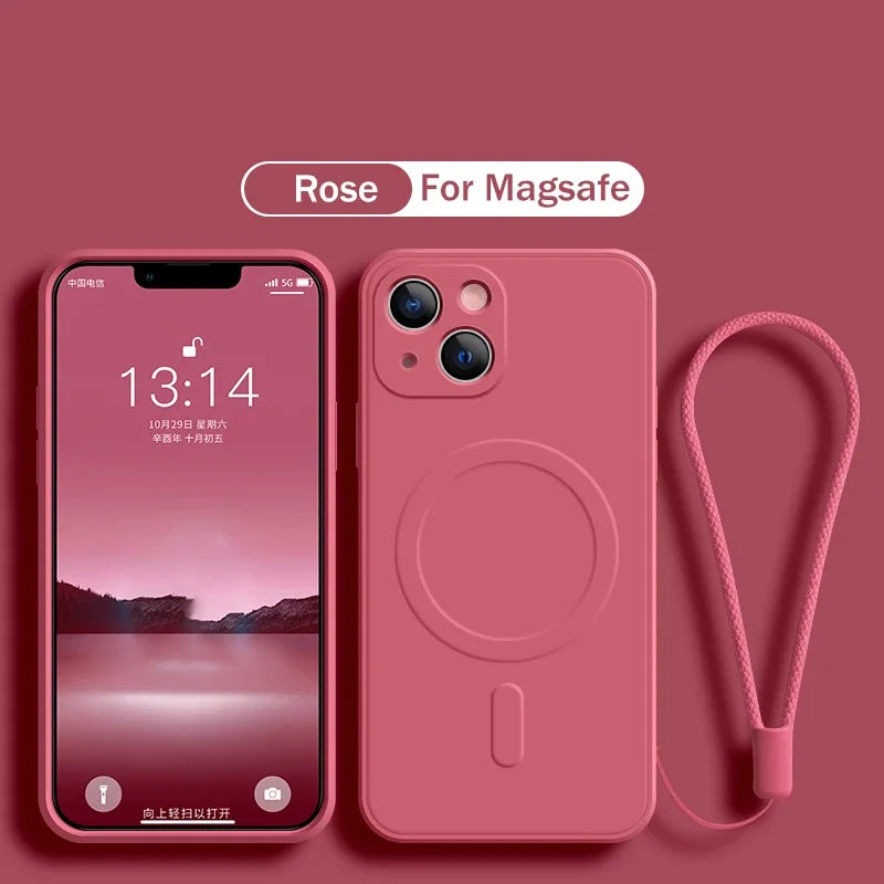 For Magsafe Magnetic Wireless Charge Case for IPhone 15 16 14 13 12 11 Pro Max Mini XR XS Plus Soft Liquid Silicone Strap Cover