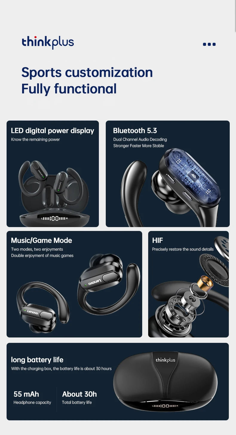 Original Lenovo XT80 Earhooks Sports Bluetooth Wireless Headsets with Mic,LED Power Display,ENC,Hifi Stereo Sound Gaming Headset
