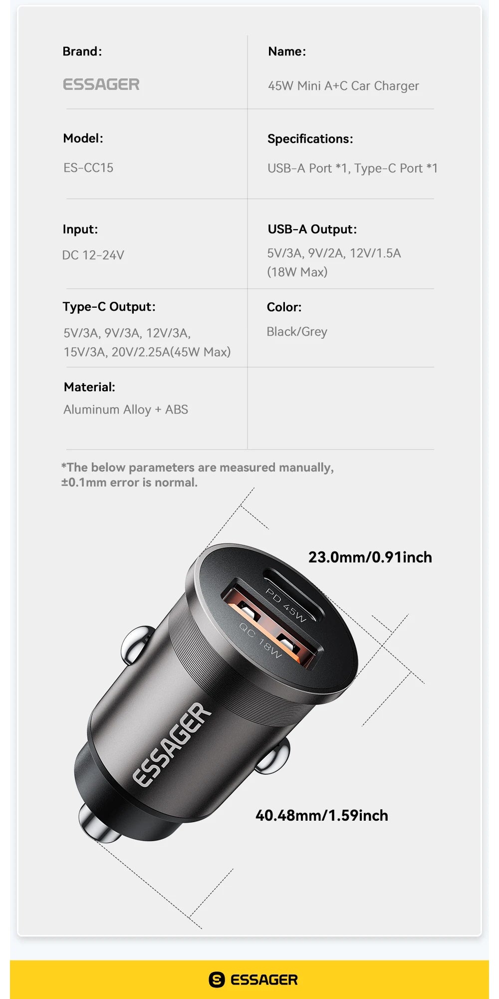 Essager 45W Car Charger Fast Charging Dual Port  PD QC3.0 Type-C Quick Charger for iPhone 16 15 14 Samsung Xiaomi Huawei Oppo