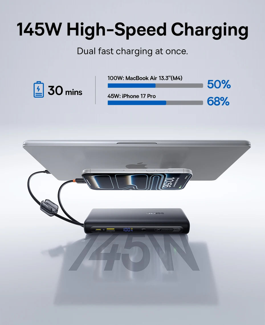 Baseus 145W Power Bank 25000mAh Fast Charging Built-In Type-C Cable Portable Battery Charger for iPhone Samsung MacBook Tablet