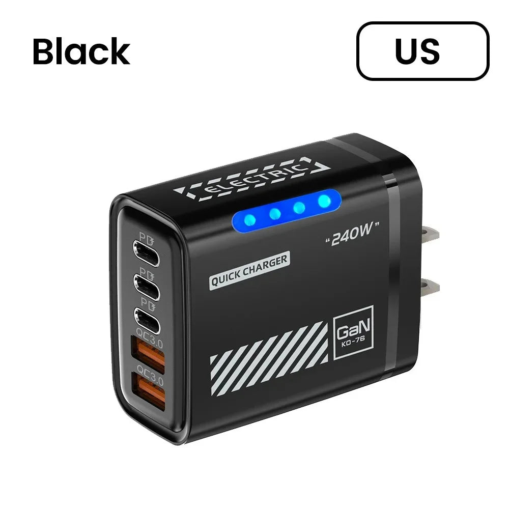 5 Port GaN Fast Charger 240W USB C PD Charger QC 3.0 Wall Adapter for iPhone Samsung Xiaomi Huawei Fast Charging EU US Plug LED