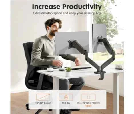 Dual Monitor Stand Arm, Gas Spring 2 Monitor Desk Mount Adjustable Height Swivel VESA Bracket With Clamp And Grommet Base Fits