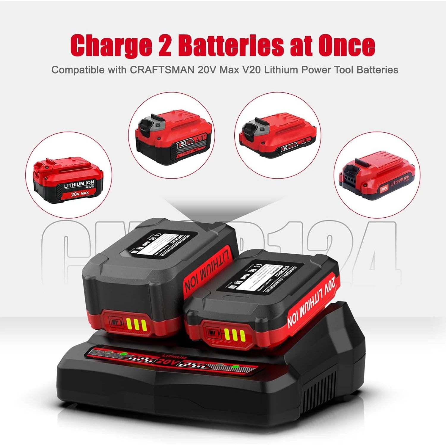 Dual Port CMCB124 Charger for Craftsman 20V Battery Charger CMCB202 CMCB201 CMCB209 CMCB100 CMCB101 CMCB102