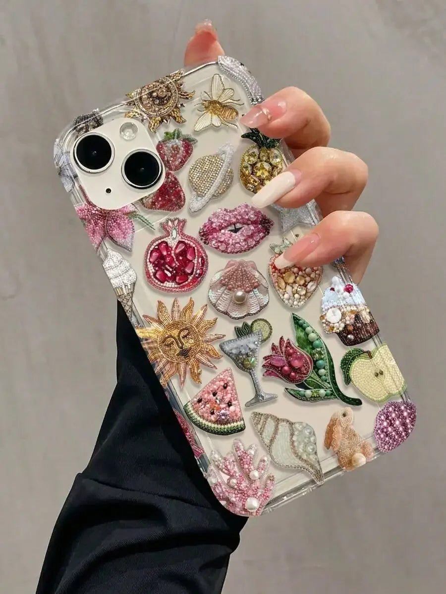 Bubble Beaded Pomegranate Lip Pattern Full TPU Shockproof Phone Case for Apple 17 16, 15, 14, 13, 12, 11 Pro Max Plus