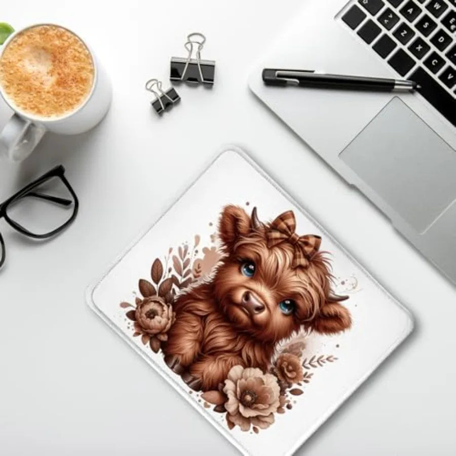 Floral Brown Highland Cow Mouse Pad, Cute Western Baby Highland Cow Heifer Mouse Pads Mousepad for Work Gaming Computers Laptop