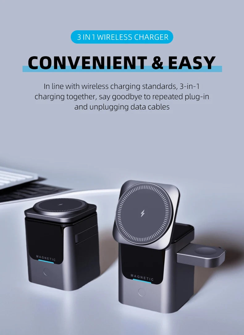 Magnetic 3 in 1 Wireless Charger Station Foldable Cube 15w  Rotating Charging Holder for Apple 17 16 15 14 Pro Max