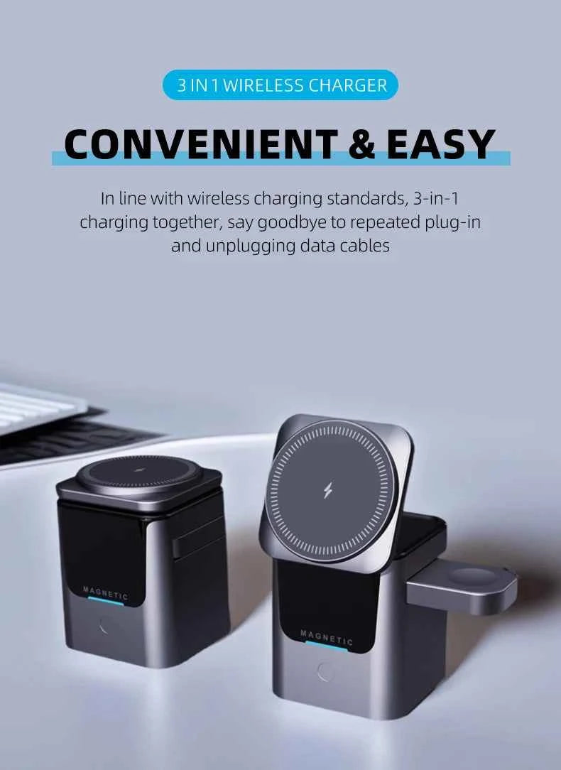 Magnetic 3 in 1 Wireless Charger Station Foldable Cube 15w  Rotating Charging Holder for Apple 17 16 15 14 Pro Max