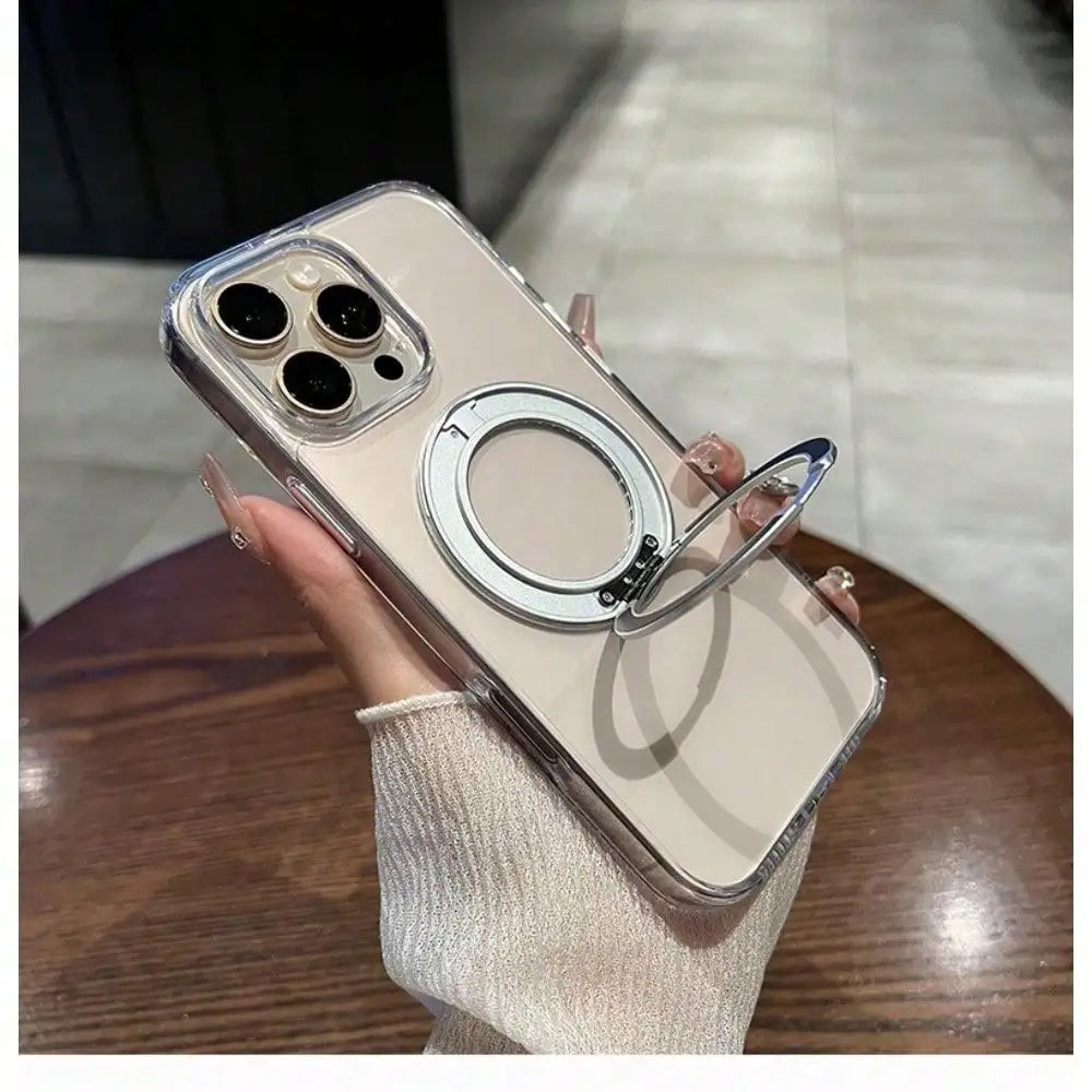 360 ° Rotating Metal Bracket Transparent Magnetic Phone Case, Suitable for IPhone 17 16 15 14 13, All Inclusive Soft Anti Fall