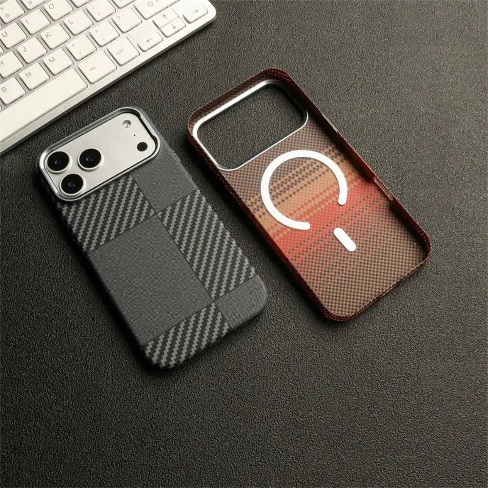Suitable for iPhone 17 Pro Kevlar Pattern Phone Case, Carbon Fiber 16 Metal Lens, 17e Magnetic Protective Cover