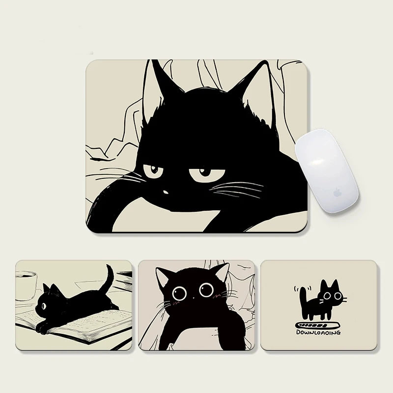 Black Cat Illustration Mouse Pad Small Office Table Mats Computer Accessories Washable Anti-slip Rubber with Precision Lock Edge
