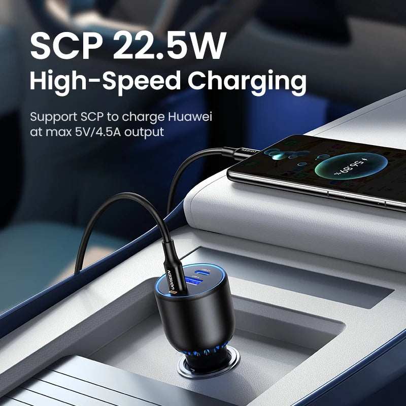 UGREEN 130W USB C Fast Car Charger For Xiaomi iPhone 17 Samsung Galaxy S25 Laptops PD3.0 Fast Charging USB Type C Car Charger