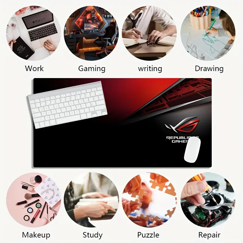 1pc Large Gaming Mouse Pad with Red Black ROG Design Non-Slip Durable Rubber Keyboard Mat for PC Office Decor XXL Desk Accessory