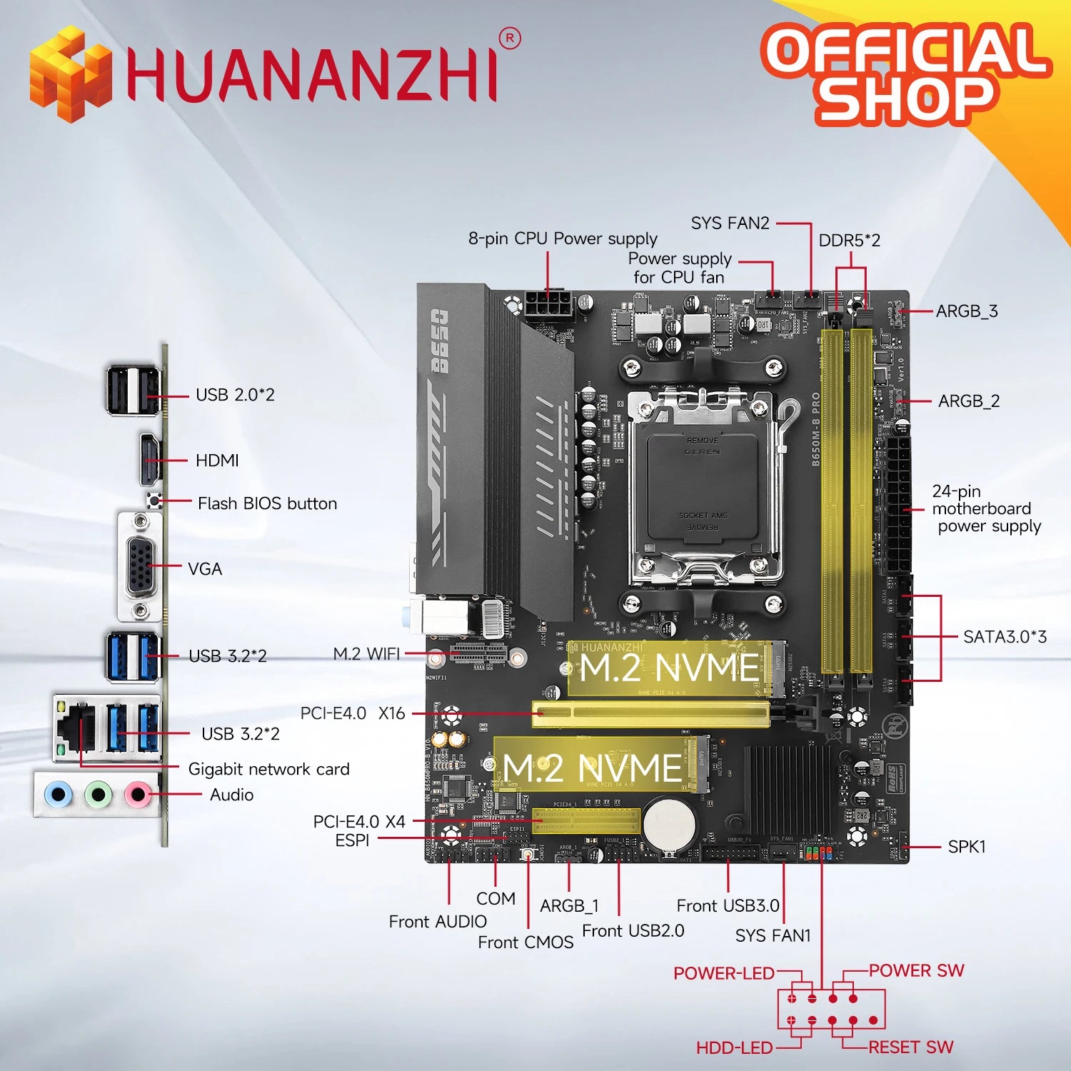 HUANANZHI B650M B PRO AMD AM5 Motherboard Support Ryzen R5 R7 7000 8000 9000 Series M.2 NVME WIFI Dual Channel DDR5 EXPO RAM - WinSupport Tech
