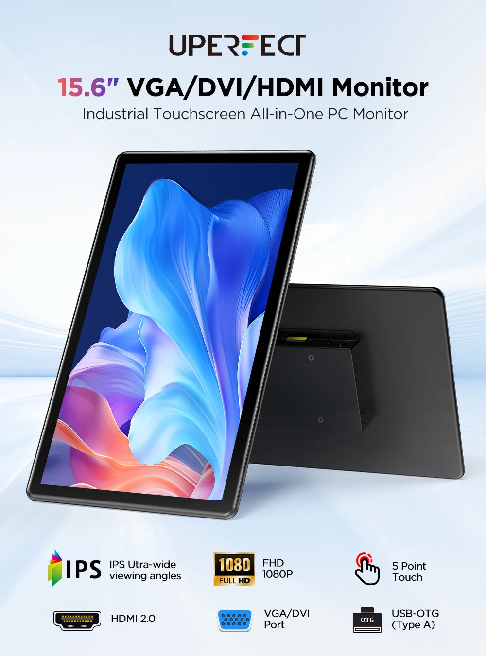 UPERFECT 15.6“ Portable Monitor Touch Screen with 2000:1 Full HD Screen Integrated Stand & DVI VGA HDMI USB C External Dispaly