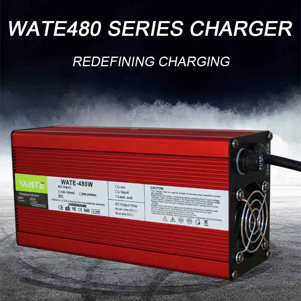 54.6V 8A Charger 13s 48V Lithium ion Battery Charger Output With Cooling Fan Red Aluminum Shell