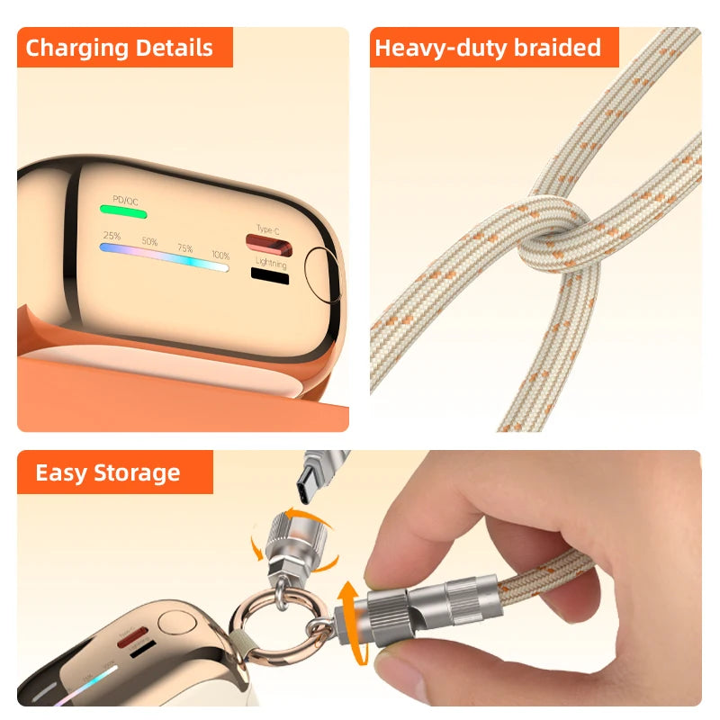 Vyvylabs CCC 10000mAh Mini Cute Power Bank 22.5W PD Fast Charging Switchable Lightning Type-C Cable for iPhone Samsung AirPods