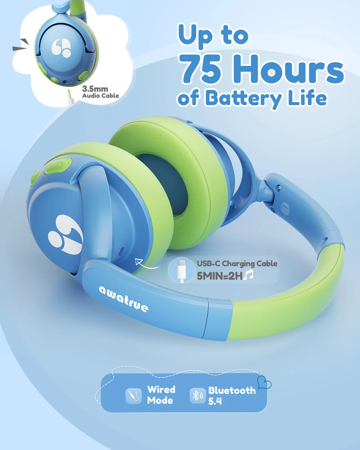 Awatrue Kids Bluetooth 5.4 Headphone 85dBA Safe Volume Lightweight