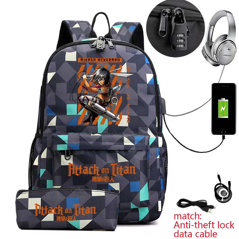Attack on Titan Anime Print School Backpack Anti-Theft Laptop Bag for Boys Girls with Pencil Case