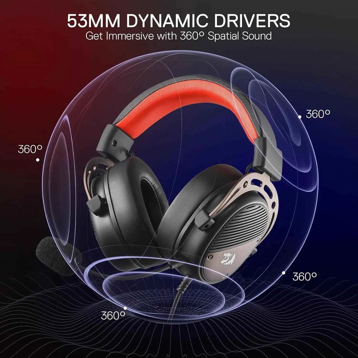 Redragon H730 USB Wired Gaming 53mm Drivers, 360° Spatial Sound, Detachable Noise-Canceling Microphone Headset
