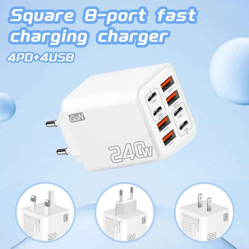240W GaN USB C Charger 8 in 1 Fast Charging Phone Charger Power Adapter For iPhone Xiaomi Type C EU/US/UK Plug Wall Charger