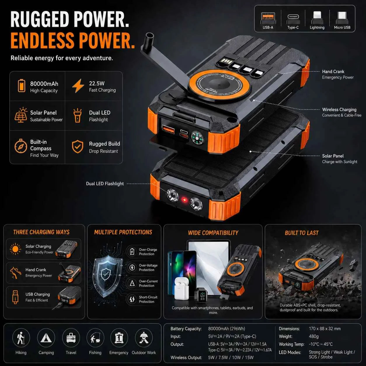 80000mAh Magnetic Wireless Power Bank Solar Hand Crank Portable Charger with LED Emergency Light for iPhone Apple Watch AirPod