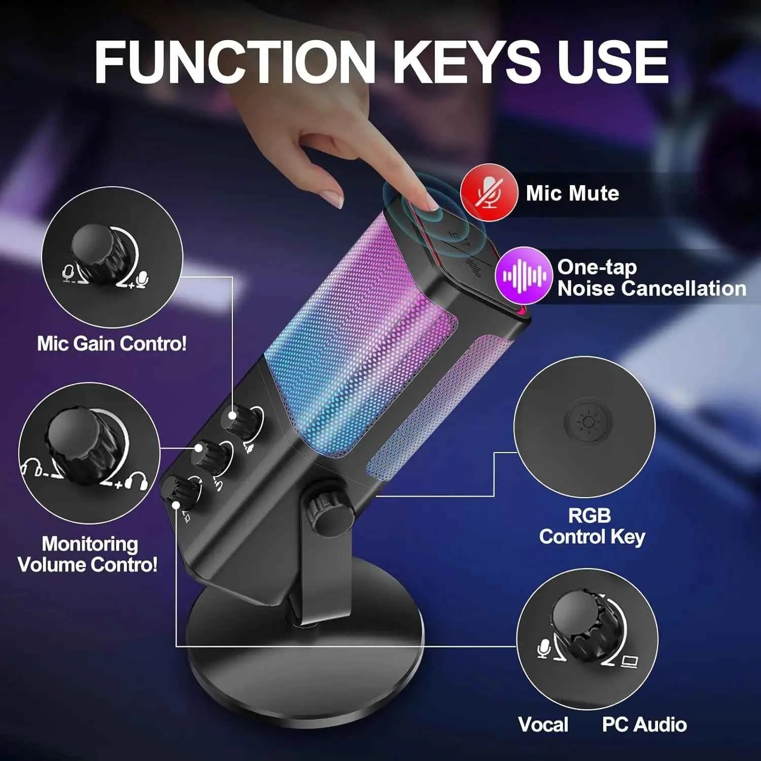 RGB Gaming Microphone with Game Voice Balance & Noise Cancellation, Studio USB Computer Condenser Mic for Streaming/Recording