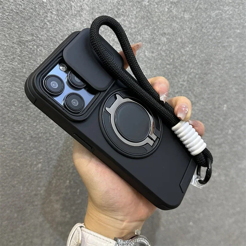 Armor Magnetic Bracket Case for iPhone 16e 16 14 13 12 11 15 Pro Max Plus With Lanyard Slide Camera Protection Shockproof Cover