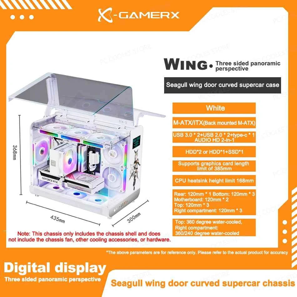 PowerTrain  X-GAMERX Phantom Wings LCD Edition Black Seaview Room Case MATX Vertical Desktop Computer 360 Water-cooling Host