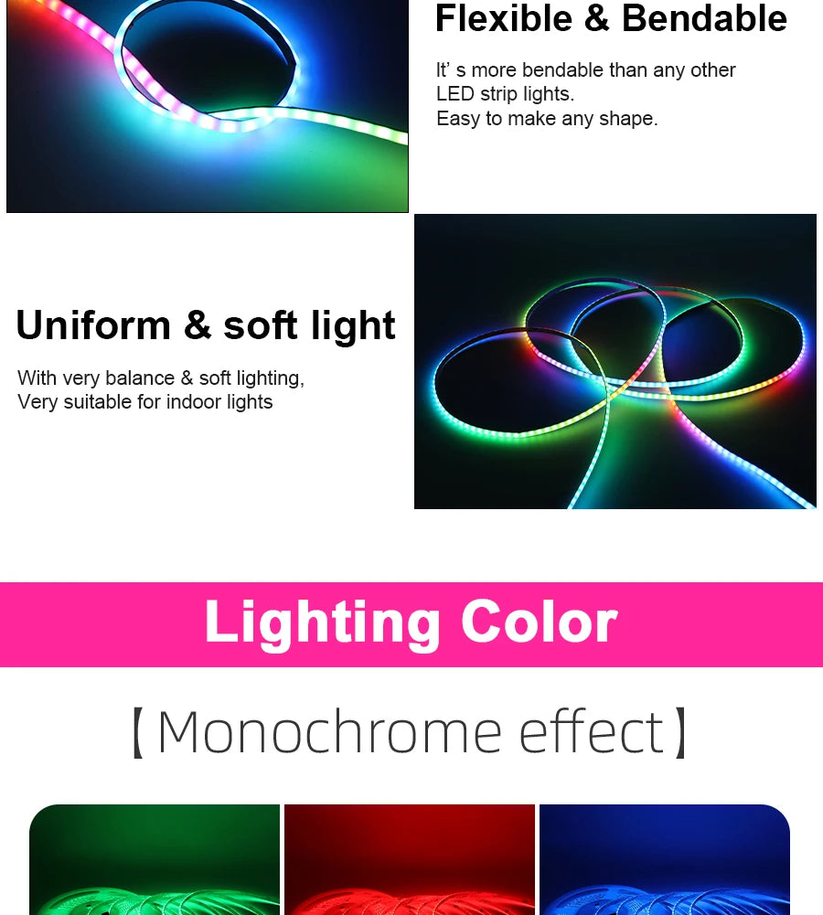 5V New 3mm Super Thin Addressable COB LED Strip RGBIC Individual Pixel Control 240LEDs WS2812B Dream Color USB Powered LED Tape