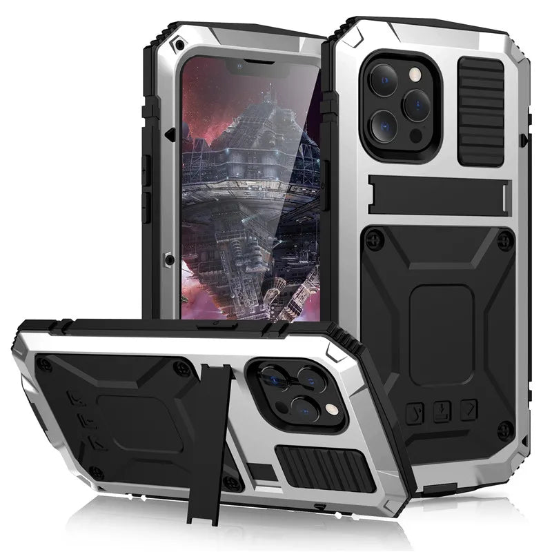 for iPhone 14 13 12 Pro Max Mini 11 Pro Max Case Full-Body Rugged Armor Shockproof Protective Kickstand Aluminum Metal Cover