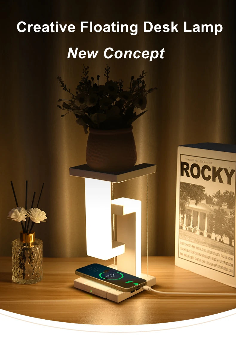Floating Desk Lamp With Wireless Charger, USB Output Charging Port, Charging Dock Station For iPhone, Bedside Lamp Table Lamp