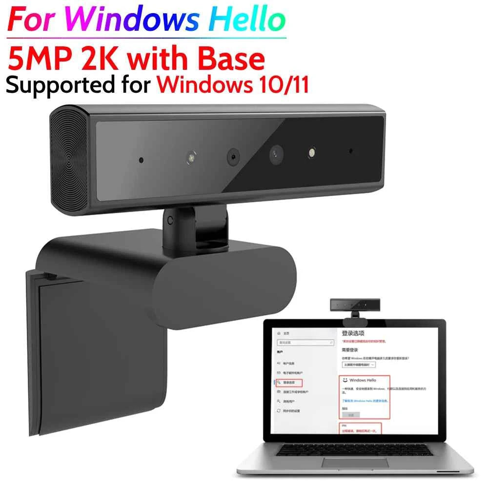 Facial Recognition Webcam for Windows Hello with Base Identification Login Web Camera 5MP 2K for Laptop Desktop Computer