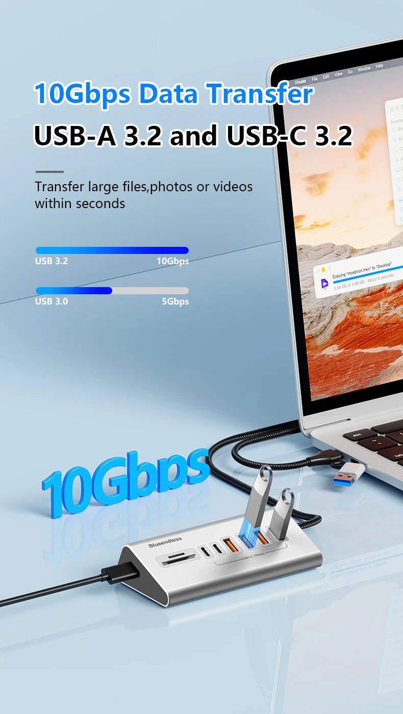 USB 3.2 10Gbps Hub USB Docking Station Type C Splitter with Card Reader Aluminum Alloy Multi 8/9 Ports Switch For PC Laptop