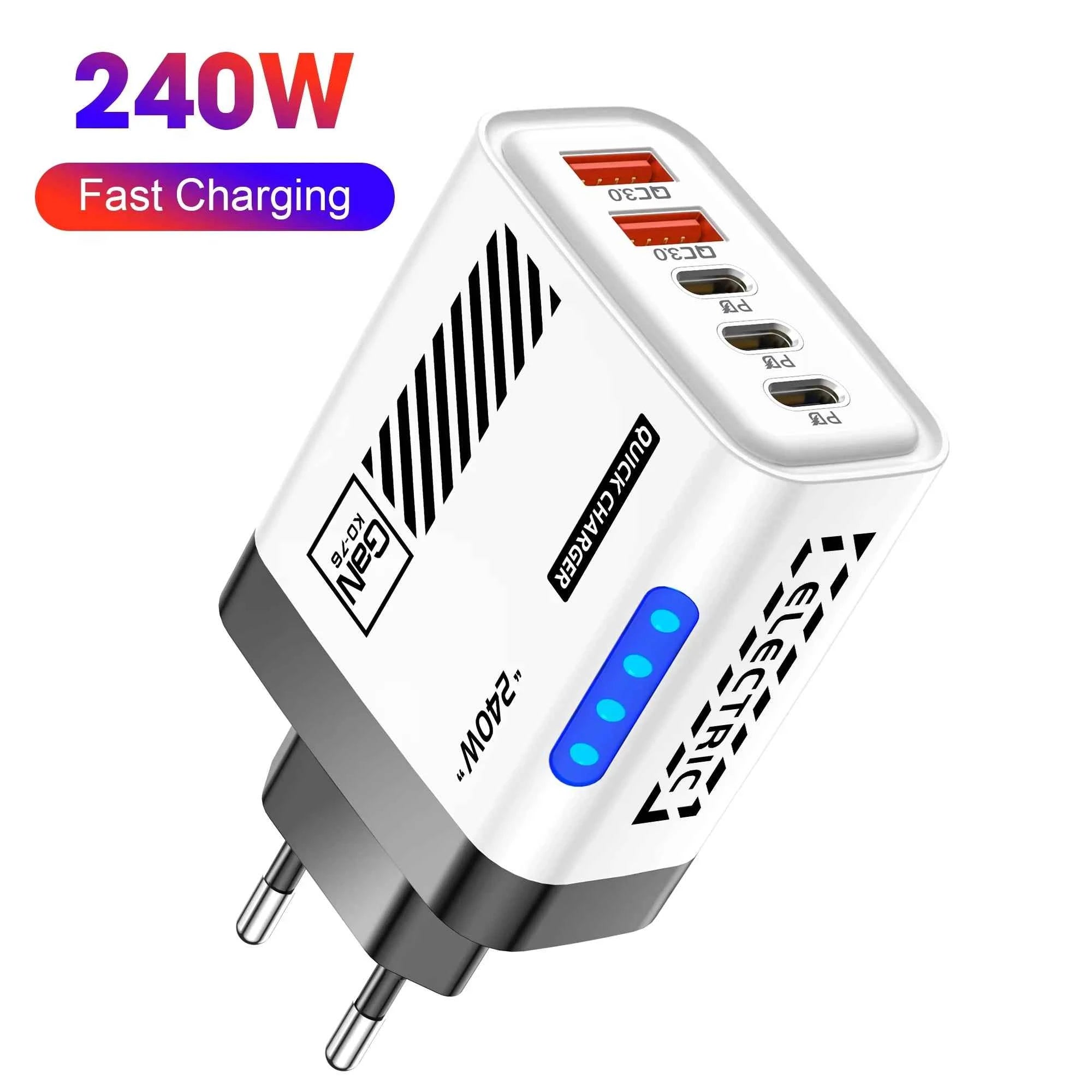 5 Port GaN USB C Charger 240W PD Fast Charger Phone Adapter Wall Charger For iPhone Samsung Xiaomi Huawei Fast Charging Plug