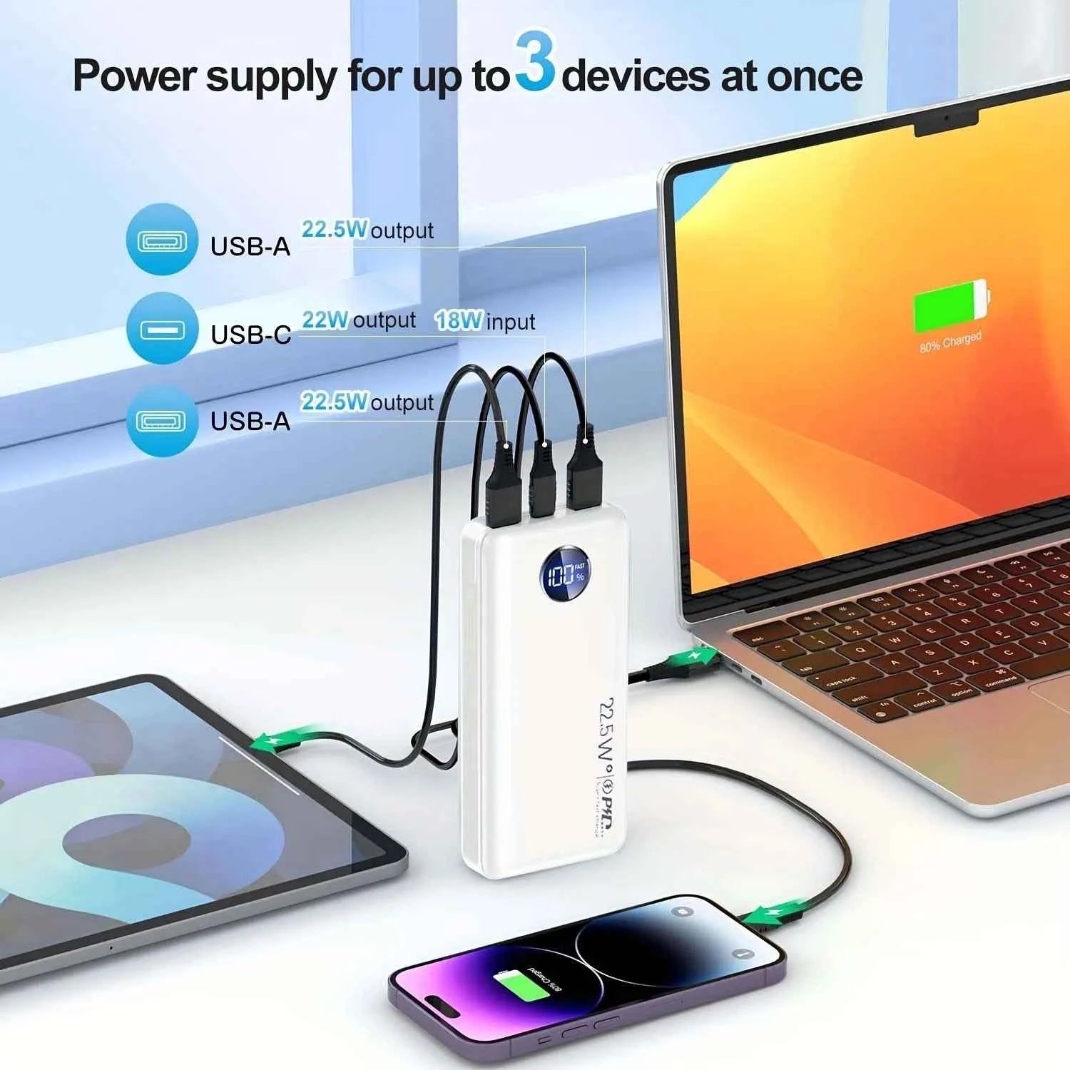 Portable Charger 30000mah Power Bank, USB-C (22.5W) Fast Charging Battery Pack Portable Phone Charger, Faster Charge