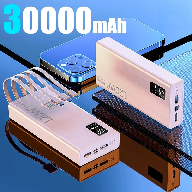 50000mah Power Bank 120W Fast Charging Built-in Cable External Large Battery Portable Charger For iPhone Samsung Xiaomi