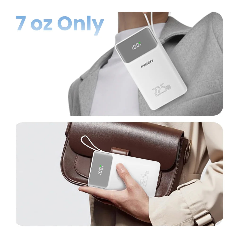 PISEN 3C Certified 22.5W Power Bank 10000mAh/ 20000mAh With Built-in Type C/L Cables Fast Charging Powerbank For iPhone Samsung