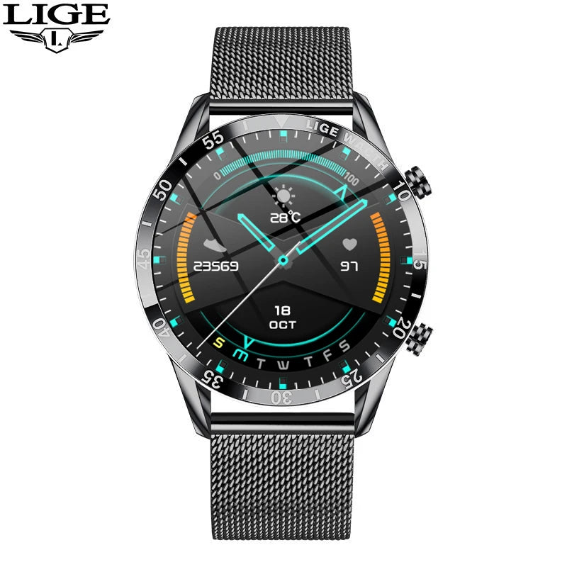 LIGE Men's Fashion Smart Watch Full Touch Bluetooth Call Waterproof Sport Fitness Tracker Luxury Steel Band Smartwatch for Adults