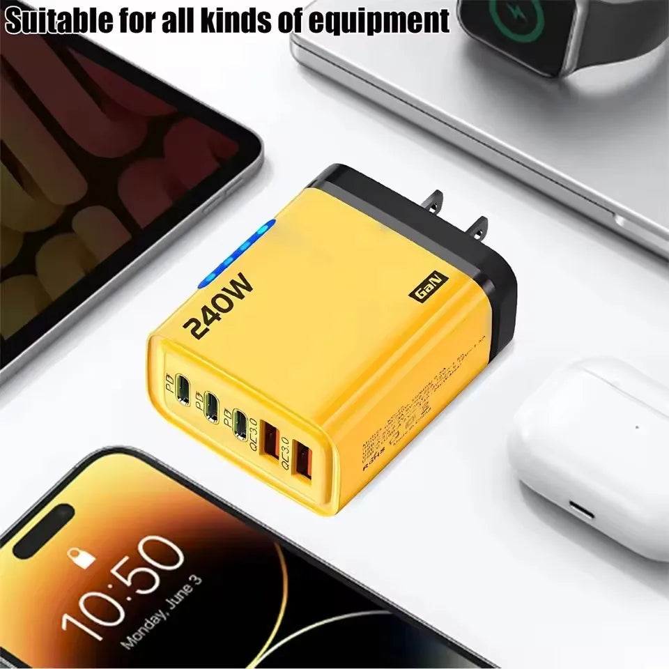 5 IN 1 GaN Desktop Charger For iPhone17 16Pro Laptop Samsung 240W Fast Charging Adapter 10A USB To Type-C Cable 3PD 2USB Charger