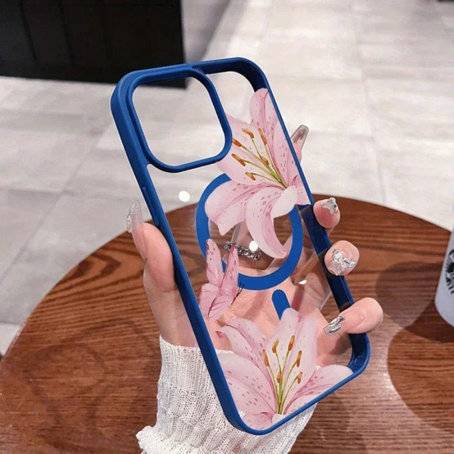 Pink Lily Magnetic Phone Case For iPhone 17 16 15 14 13 12 11Pro Max Plus It features a stylish pattern design