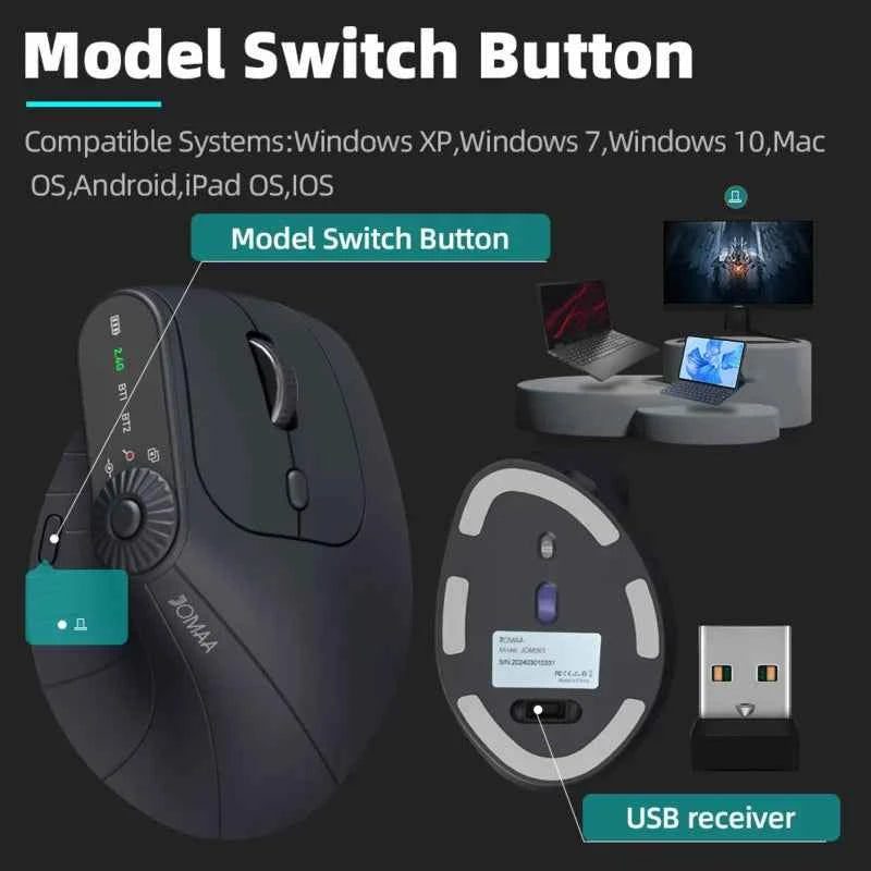 Wireless Vertical Mouse Rechargeable Optical Mice With Function Adjustment Knob Ergonomic Mouse for Multi-Purpose