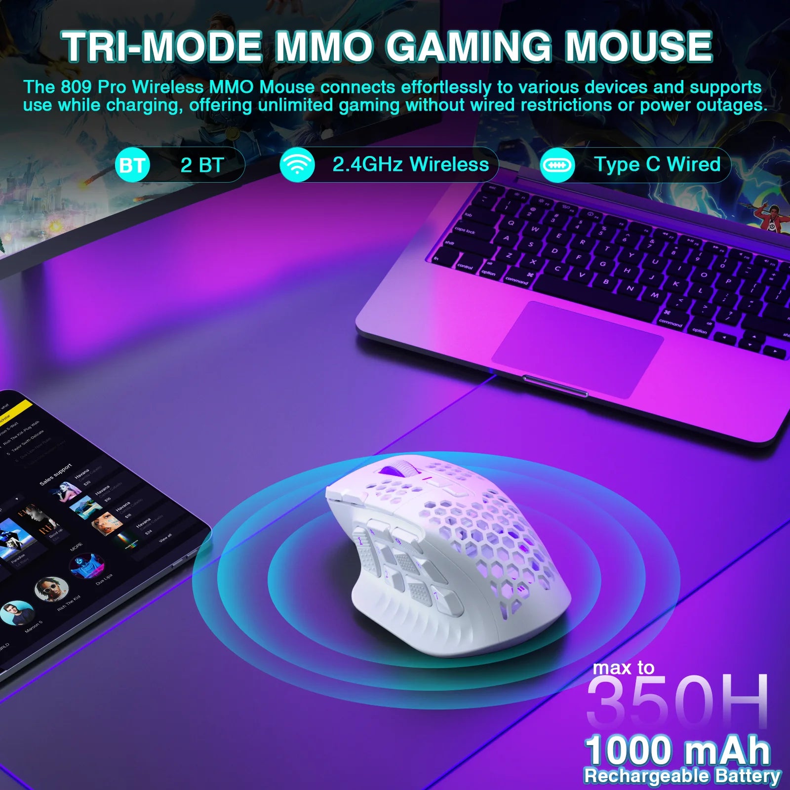 SOLAKAKA SM809 Pro Wireless MMO Gaming Mouse PAW3311 16 Side Buttons 24000 DPI RGB Honeycomb Programmable Macro Wireless mouse - WinSupport Tech