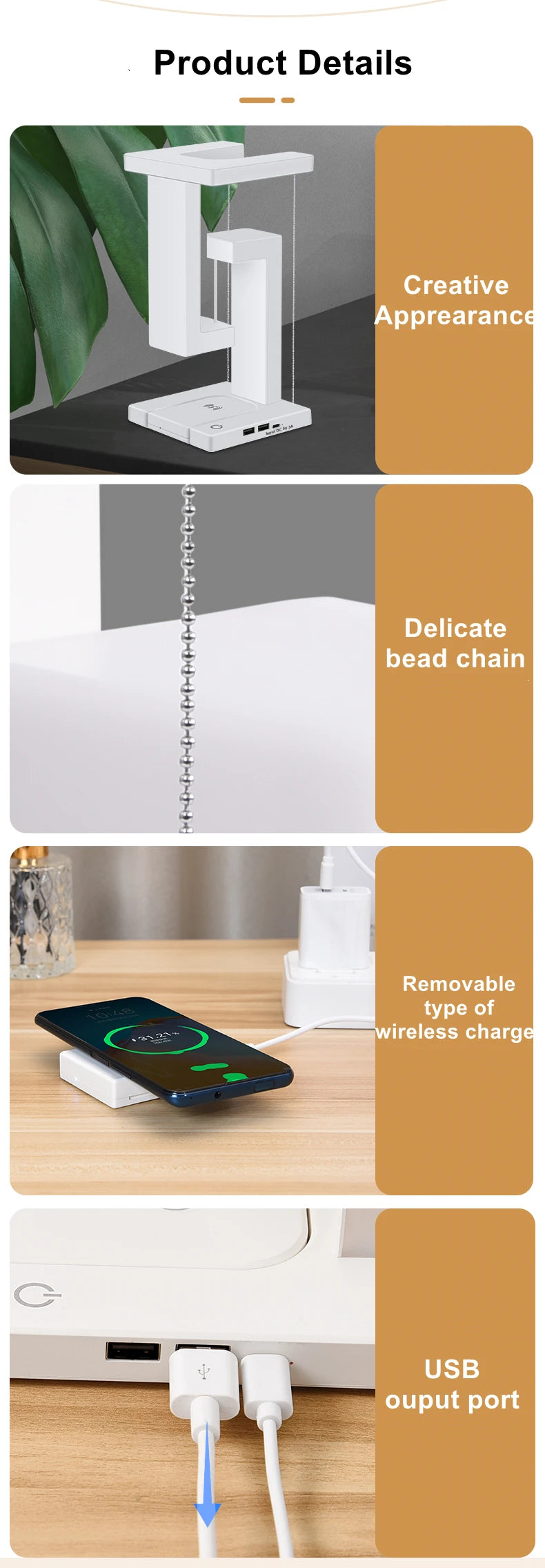 Floating Desk Lamp With Wireless Charger, USB Output Charging Port, Charging Dock Station For iPhone, Bedside Lamp Table Lamp