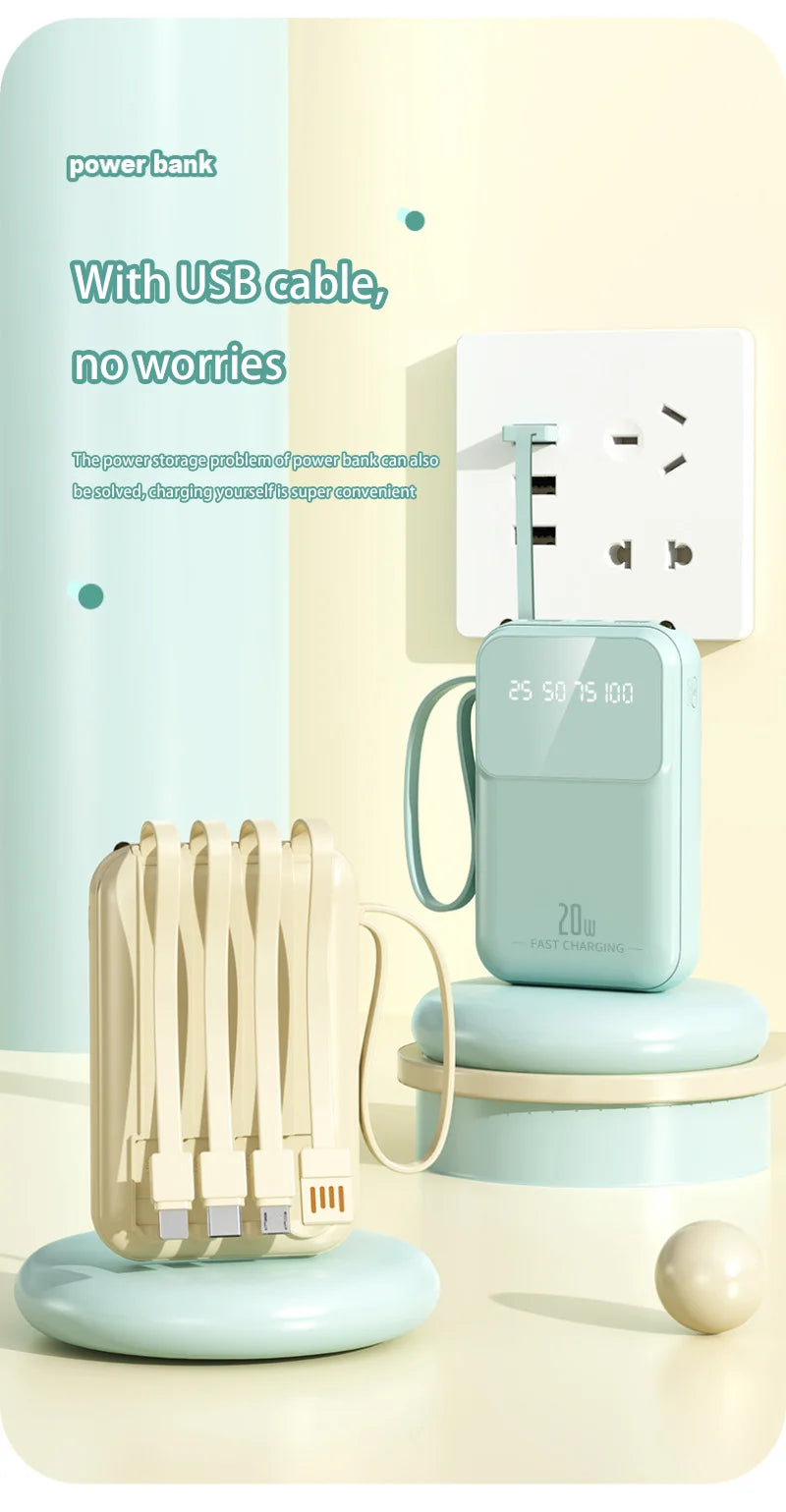 10000mAh compact portable power bank charging with built-in charging cable Powerbank suitable for iPhone/Samsung/Xiaomi/Huaewei